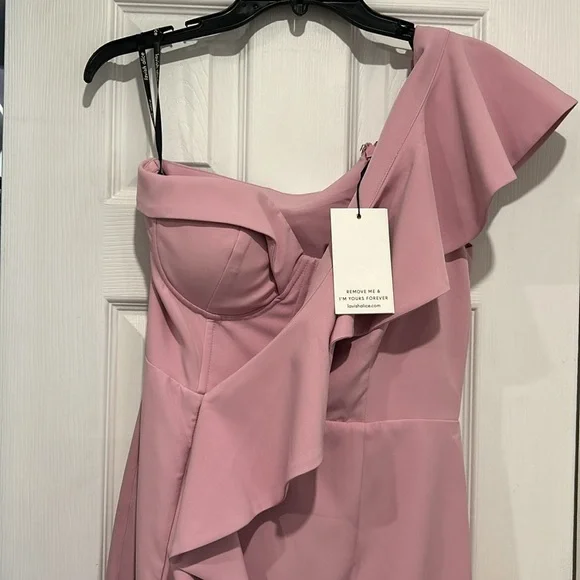 NWT Lavish Alice Pink Asymmetrical Ruffled Sheath Dress - Picture 2 of 5
